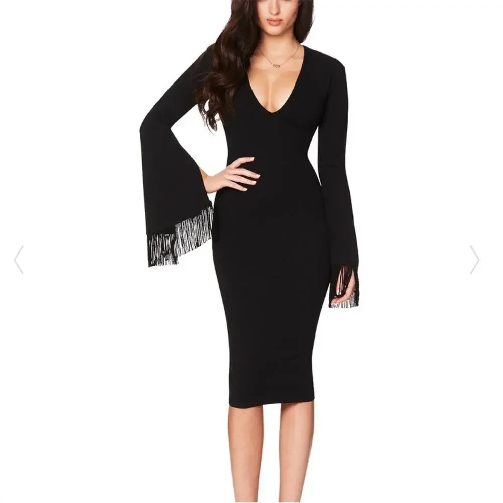 NWT Nookie Iris Long Sleeve‎ Plunge V-Neck Midi Dress Black Small